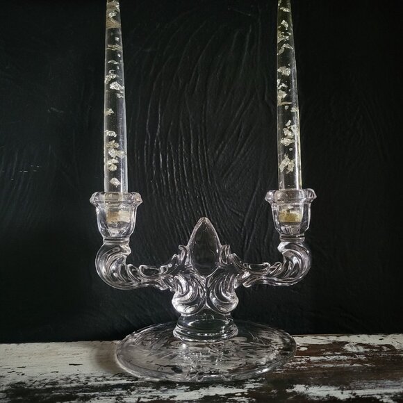 Vintage New Martinsville Clear Glass Double Candle Holder With Floral Design - Picture 2 of 6